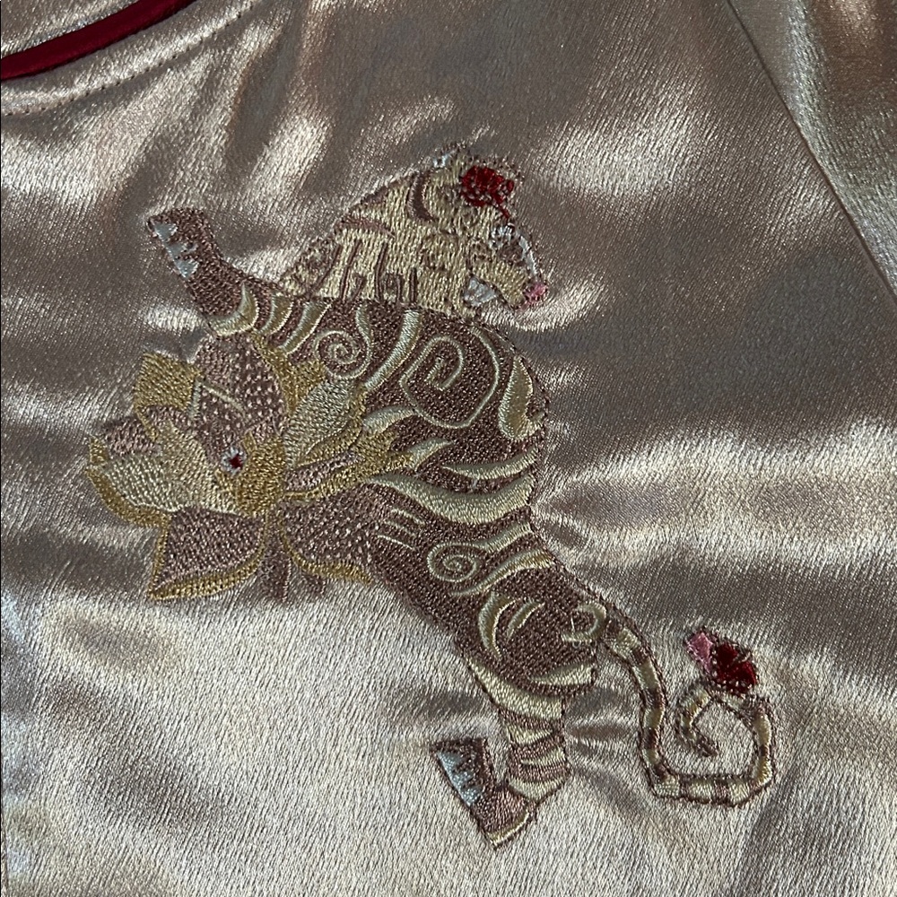Pinkish Peach Satin Sukajan Bomber Jacket with Embroidered Tiger Design - Picture 3 of 7